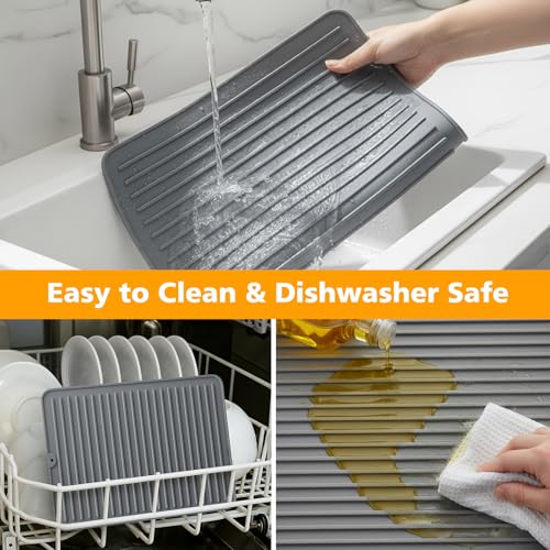 Silicone Dish Drying Mat for Kitchen Counter (Beige / 18" x 16")