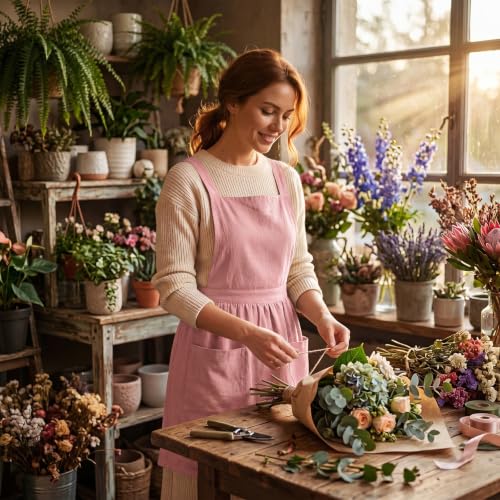 Linen Cotton Pinafore Apron Dress for Women with Pockets (Pink)