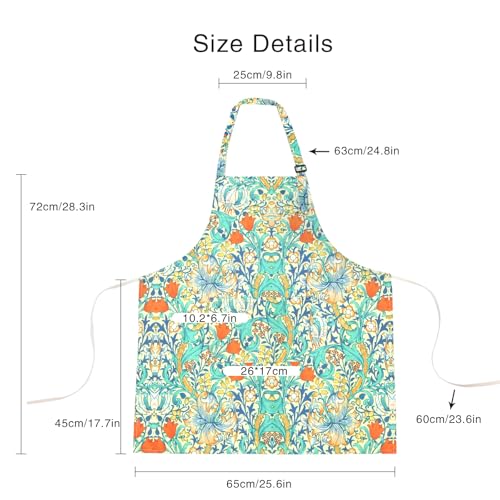 Floral Apron for Women with Pockets Cotton Canvas Waterproof Apron Cooking Baking Painting Gift (Blue and Red)