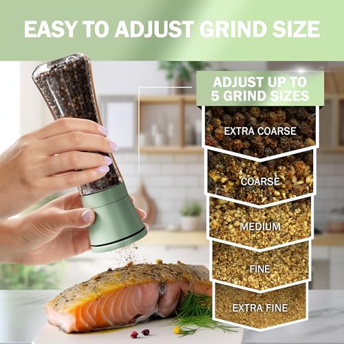 Premium Green Sea Salt and Pepper Grinder Set of 2 (Green Cap/Clear Glass / 2pk)