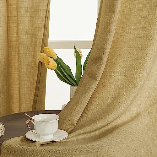 Light Filtering Faux Linen Curtains for Bedroom (52"W x 63"L (Pack of 2) / Silver Grommet-caramel Brown)