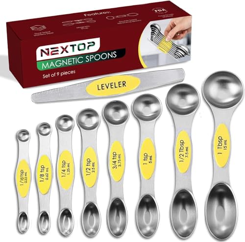 Magnetic Measuring Spoons Set of 9 Stainless Steel Dual (Yellow)