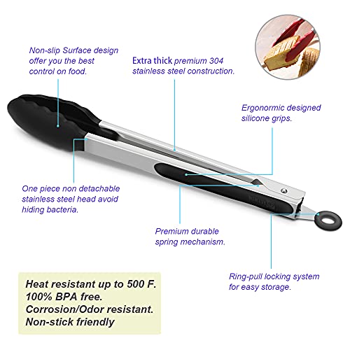 3 Pack Silicone Kitchen Tongs (Black)