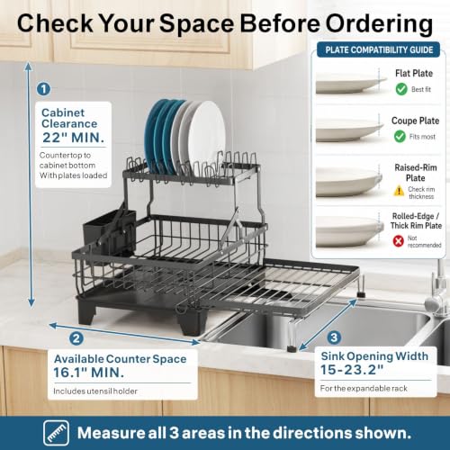 Large 2 Tier Dish Drying Rack (Black / 2-Tier, Expandable 14.4"-22.4" W)