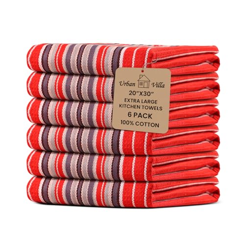 Kitchen Towels Waffle Stripes Dish Towels for Kitchen Cherry Red Set of 6 Kitchen Towels Highly Absorbent Cotton Over Sized 20X30 in with Mitered Corners Kitchen Hand Tea Towels (20" x 30" (Set of 6) / 061 Red - Stripes)