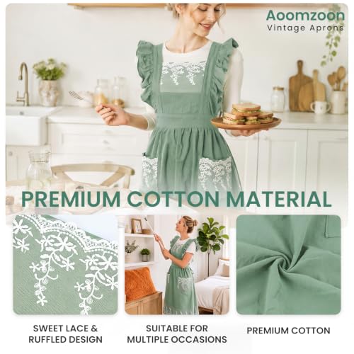 Aoomzoom Vintage Aprons for Woman with Pockets Cute Lace Ruffle Adjustable Apron for Cooking Kitchen Baking Gardening (Light Green)