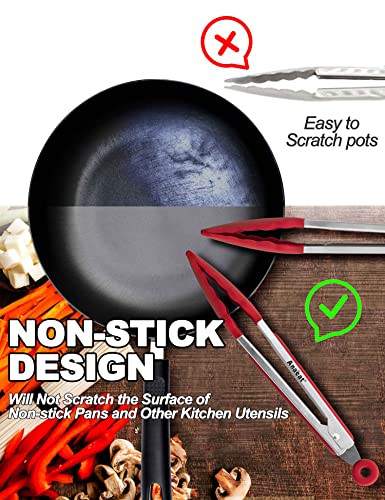 Non Stick Silicone Locking Tong Set of 3 (7+9+12 Inch / 3 Pcs Silicone - Red)
