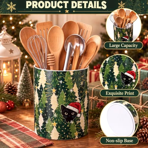 Christmas Tree & Black Cat Ceramic Utensil Holder (Christmas Tree Cat)