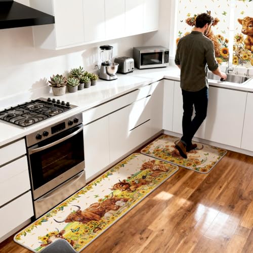 13 Pcs Sunflower Highland Cow Kitchen Curtains Valance Decor Set (Sunflower Highland Cow)