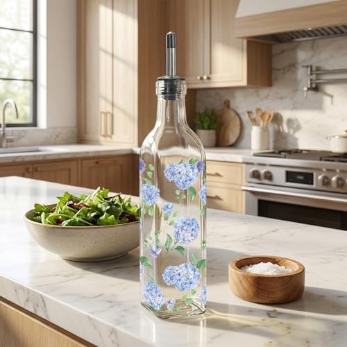 17 Oz Blue Hydrangea Olive Oil Dispenser Bottle Glass Cruet Bottle with Spout Floral Cooking Vinegar Container for Spring Summer Home Kitchen Table Countertop Decor