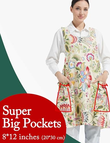 Cozy Adjustable Cross Back Aprons for Women with Pockets Cotton Linen Cooking Kitchen Baking Yellow Flowers (Yellow Flowers)