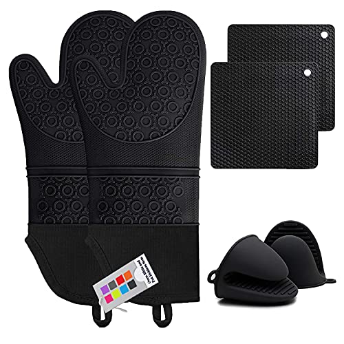 6pcs Silicone Oven Mitts and Pot Holders Sets for Kitchen (Black)