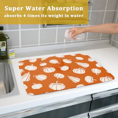 Fall Dish Drying Mat for Kitchen Counter Autumn White Pumpkins Festival Microfiber Absorbent Dish Draining Reusable Washable Foldable Extra Large 18"x24" (24" x 18")