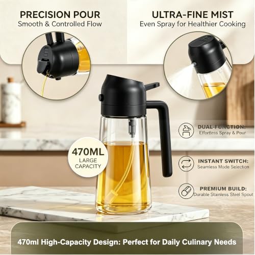 2-in-1 Olive Oil Sprayer for Cooking, Dispenser Bottle (Black) (Black)