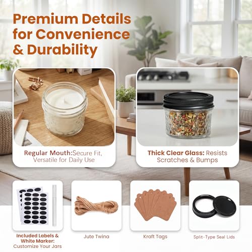 4oz Clear Glass Mini Mason Jars (4oz - Diamond Appearance - Split Black Lid)