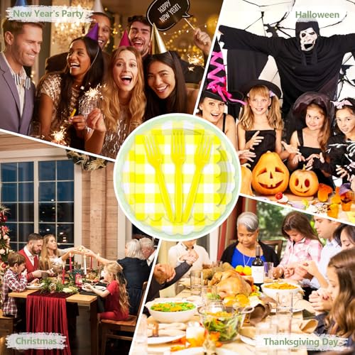 75 Yellow Gingham Paper Plates&Napkins Disposable for Party (Yellow Gingham 75 Plates Set / 7-inch Set)