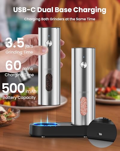 Electric Salt and Pepper Grinder Set with Rechargeable Base (Stainless Steel)