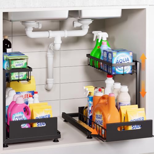 2-Pack L-Shaped Under Sink Organizer, 2-Tier Pull-out Cabinet Rack (Black / 2 Pack)