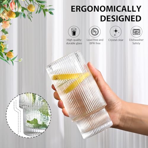 16OZ Ribbed Glass Cups with Lids and Straws (2*Glasses+2*Lids+2*Straws)