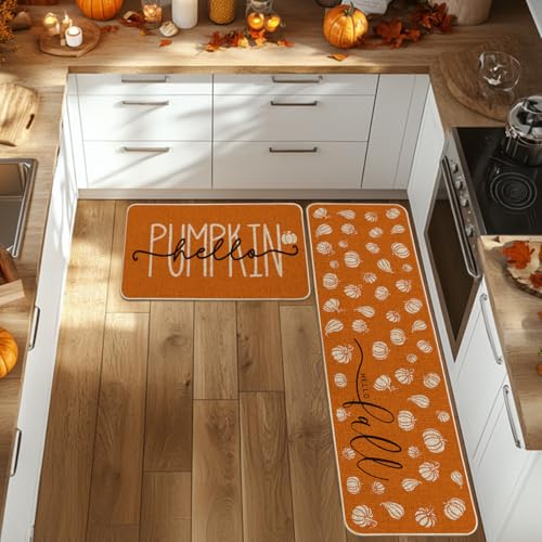 Orange Hello Pumpkin Fall Kitchen Mats Set of 2 (17" x 29" /17" x 59" / Orange)
