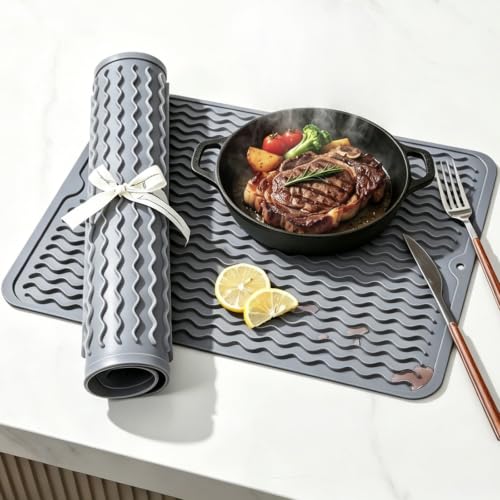2 Pack Caketime Silicone Dish Drying Mat for Kitchen Counter Heat Resistant Under Sink Waterproof Coffee Bar Accessories Dining Rack Stone Utensil Holder Countertop Decor Must Haves 2026 (Gray / 15"*11.5")