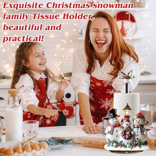 Christmas Snowman Paper Towel Holder with Round Base Christmas Kitchen Bathroom Decor Rustic Metal Snowman Family Dispenser Kitchen Paper Holder Stand for Winter Xmas Countertop Home Accessories (Snowman)