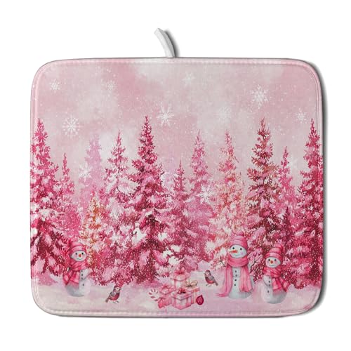 Pink Winter Dish Drying Mat Forest Washable Drying Matt Kitchen Counter Absorbent Coffee Mat for Women (Winter Forest Pink / 18" x 16")