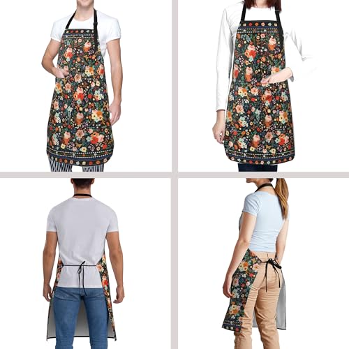 Adjustable Apron with Pockets for Home Kitchen Cooking Baking Gardening Colorful Floral Vintage 32x28 Inch (33" x 28"(Pack of 1) / Vintage Floral Black)