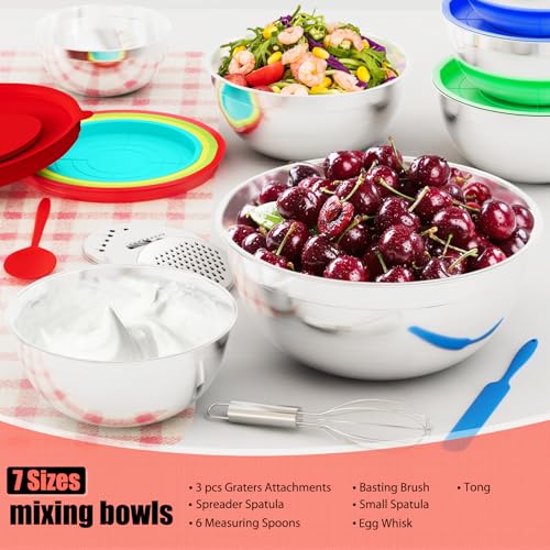 Stainless Steel Mixing Bowls Set with Lids & 3 Grater Attachments (Multicolor)