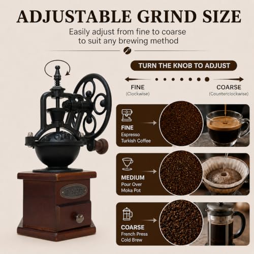 Vintage Manual Coffee Grinder with Cast Iron Ferris Wheel Hand Crank (Espresso Brown (Hexagon Base))