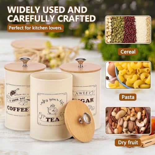 3 Pack Coffee Tea Sugar Container Set with Bamboo Lids Airtight Metal Canister Sets for Kitchen Counter Vintage Coffee Bar Container Set Rustic Farmhouse Kitchen Decor