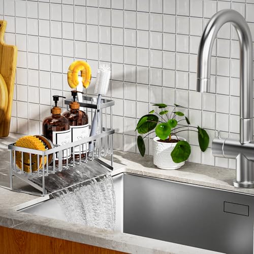 Extra Large Silver Kitchen Sink Caddy Organzier with High Brush Holder (Silver / 10.62 inches)