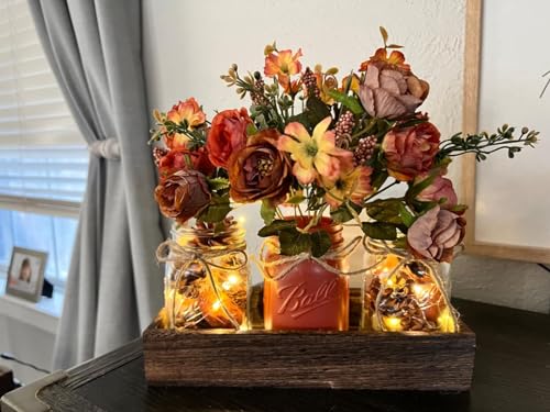 3 Pcs Mason Jar Centerpiece Table Decorations for Dining Table Decor Farmhouse Coffee Table Decor with Wood Tray and Led Light Table Centerpieces for Dining room Kitchen Living Bathroom (orange)