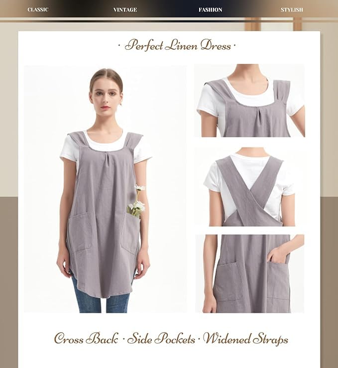 Japanese Apron for Women with 2 Roomy Pockets Linen Cross Back Aprons Cute Pinafore Dress For Kitchen Cooking Baking Work Gardening Painting Crafting Grey (Grey)
