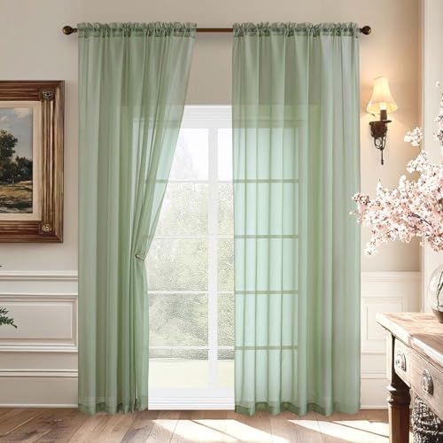 2 Pack Basic Sage Green Sheer Curtain Drapes for Living Room 84 Inch Length 2 Panels (59"W x 84"L (Pack of 2) / Sage Green)
