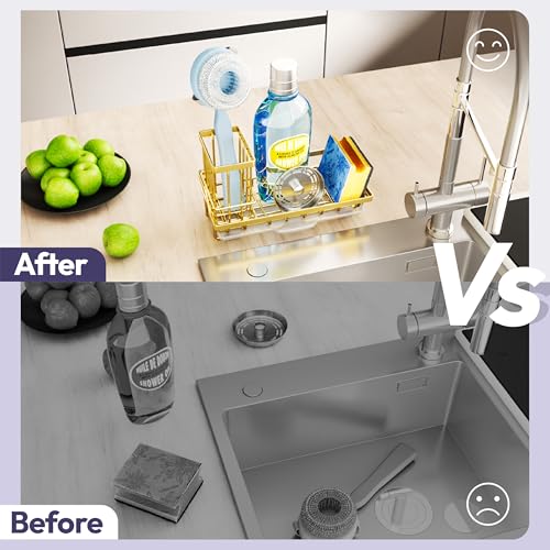 Sink Caddy Kitchen Sink Organizer with Detachable Brush Holder (Gold / Medium)