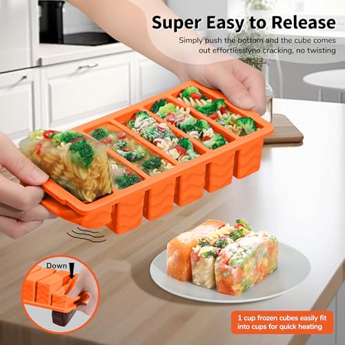 2 Pack Silicone Freezer Trays with Lid (Orange（6+2）)