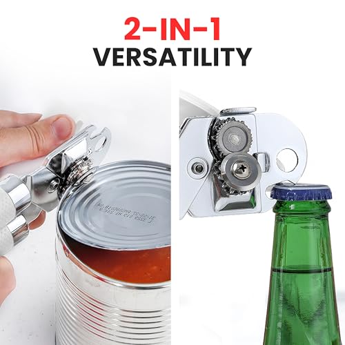 Heavy Duty Stainless Steel Can Opener Manual with Large Bottle Opener (Side Bottle Opener Design / White)