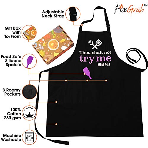 Cooking Apron for Mom with Spatula and Gift Box (Thou Shalt Not Try Me)