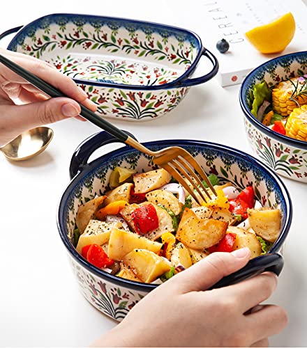 Vintage Style Tulip Flower Pattern Ceramic Bakeware Casserole Dish Baking Pan Lasagna Pans Baking Dish with Handles for Oven (Tulip / 32 OZ)