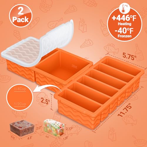 2 Pack Silicone Freezer Trays with Lid (Orange（6+2）)
