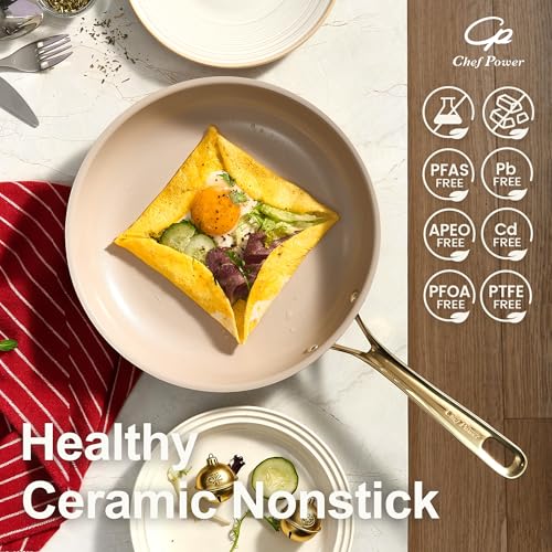 Ceramic Frying Pan with Stainless Steel Handle 5Pcs Set (Taupe and Light Gold)