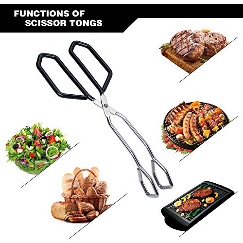 Stainless Steel Scissor Tongs Heavy Duty Cooking Tongs with Soft Handles (black 11"+11")