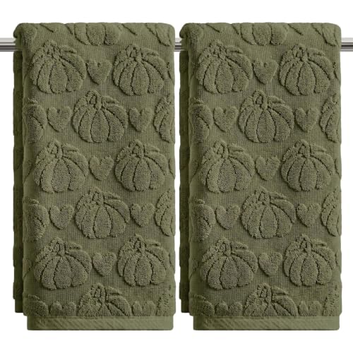 2 Pcs Olive Green 3D Heart Pumpkin Jacquard Hand Towels (13.7" x 29.5", 2PCS / Olive Green)