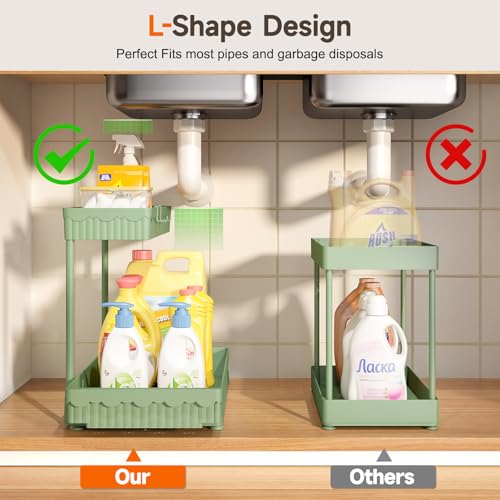 3-Pack 2-Tier L-Shaped Under Sink Organizers with Sliding Drawers (Green / 12.85 Inch)