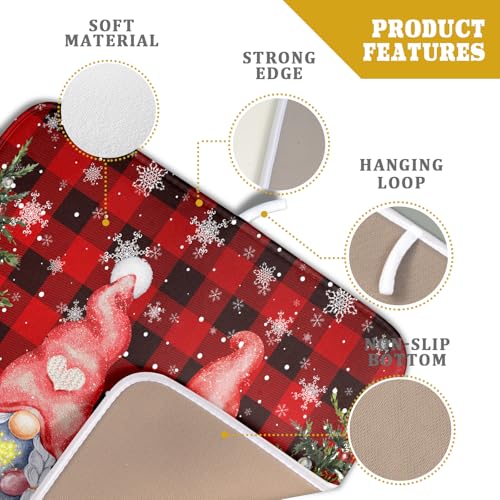 Winter Gnome Dish Drying Mat 16x18 inch Christmas Elf Trees Snowflakes Dish Drainer Mats Black Red Buffalo Plaids Fast Drying Absorbent Dish Drying Pad for Kitchen Countertop Holiday Decor (18" x 16")