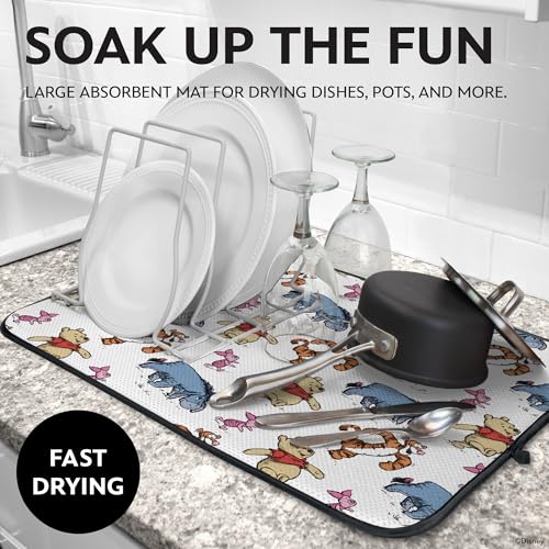 Disney Winnie the Pooh Dish Drying Mat for Kitchen Counter (16" x 18" / Pooh & The Gang (Black))