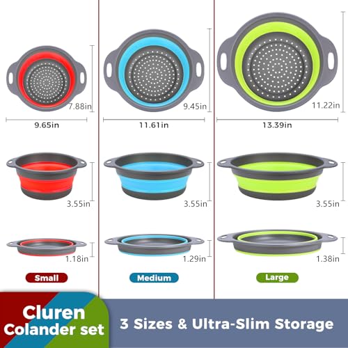 Collapsible Colander Set with Oversized Draining Tray (Gray-Blue-Red-Green)