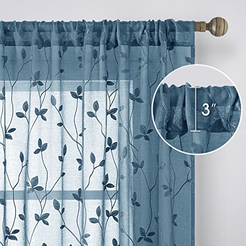 Cyan Blue Sheer Curtains Vine Embroidered (52"W x 63"L (Pack of 2) / Cyan Blue)