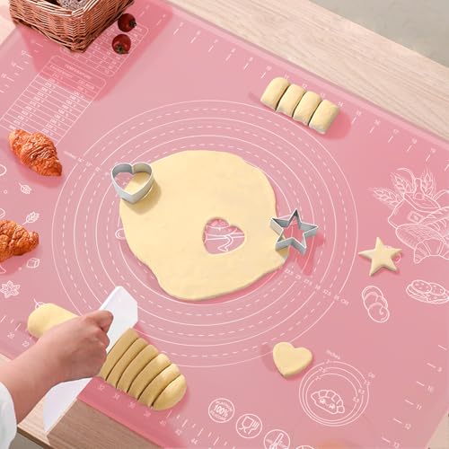 Silicone Pastry Mat 28" x 20" Extra Thick Non Stick Baking Mat with Measurements and Edge Heightening (Pink / 28"L x 20"W)